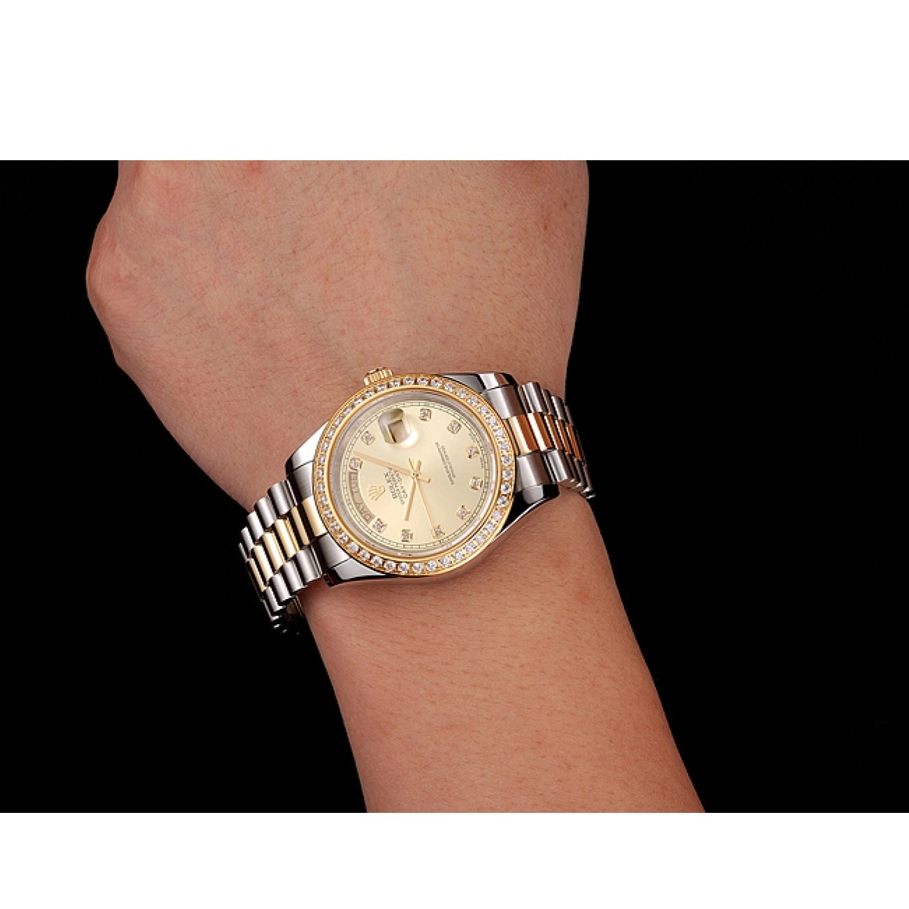Aaa replica Champagne Tone Rolex 1453974 Steel Bracelet Gold Case Day-Date Stainless Two Diamond Dial Swiss 0627
